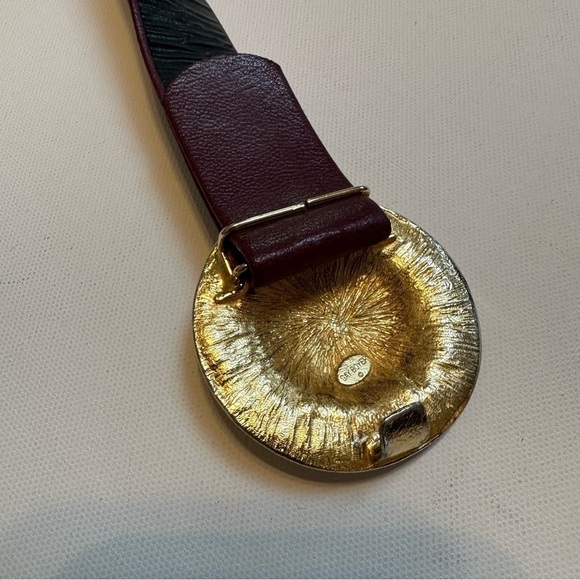 Gay Boyer Burgundy Leather Belt with Round Gold Buckles, S/M - Picture 6 of 10